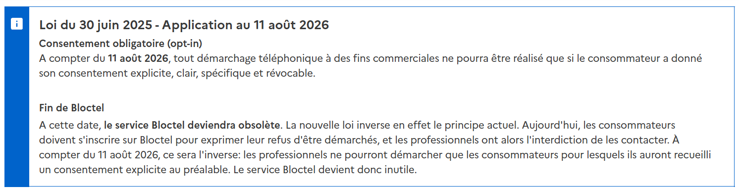 Fin de Bloctel août 2026